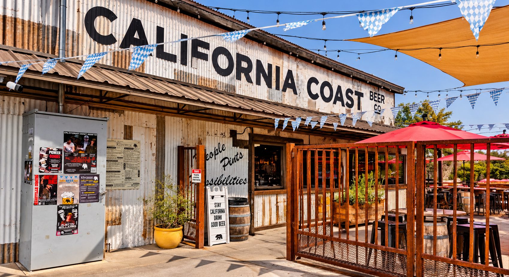 The corrugated-metal building and outdoor patio at California Coast Beer Co., Paso Robles