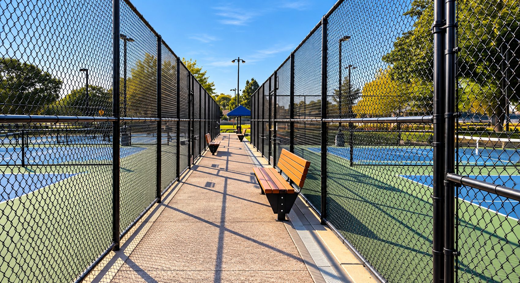 Walkway with benches between the fenced pickleball courts at Centennial Park, Paso Robles