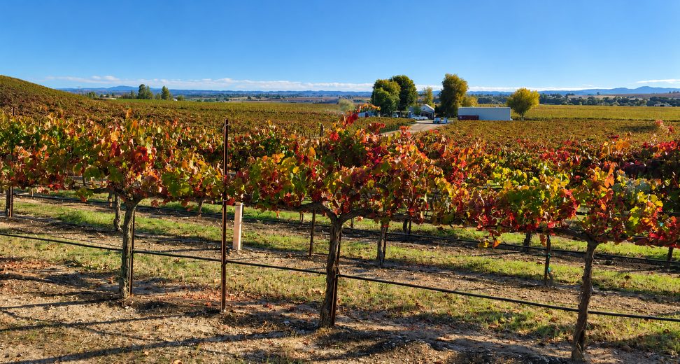 Fall colors in a Paso Robles vineyard during harvest season