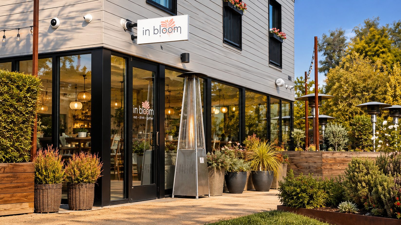 The In Bloom restaurant storefront and patio in downtown Paso Robles
