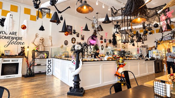 Halloween decor inside Just Baked Downtown, Paso Robles