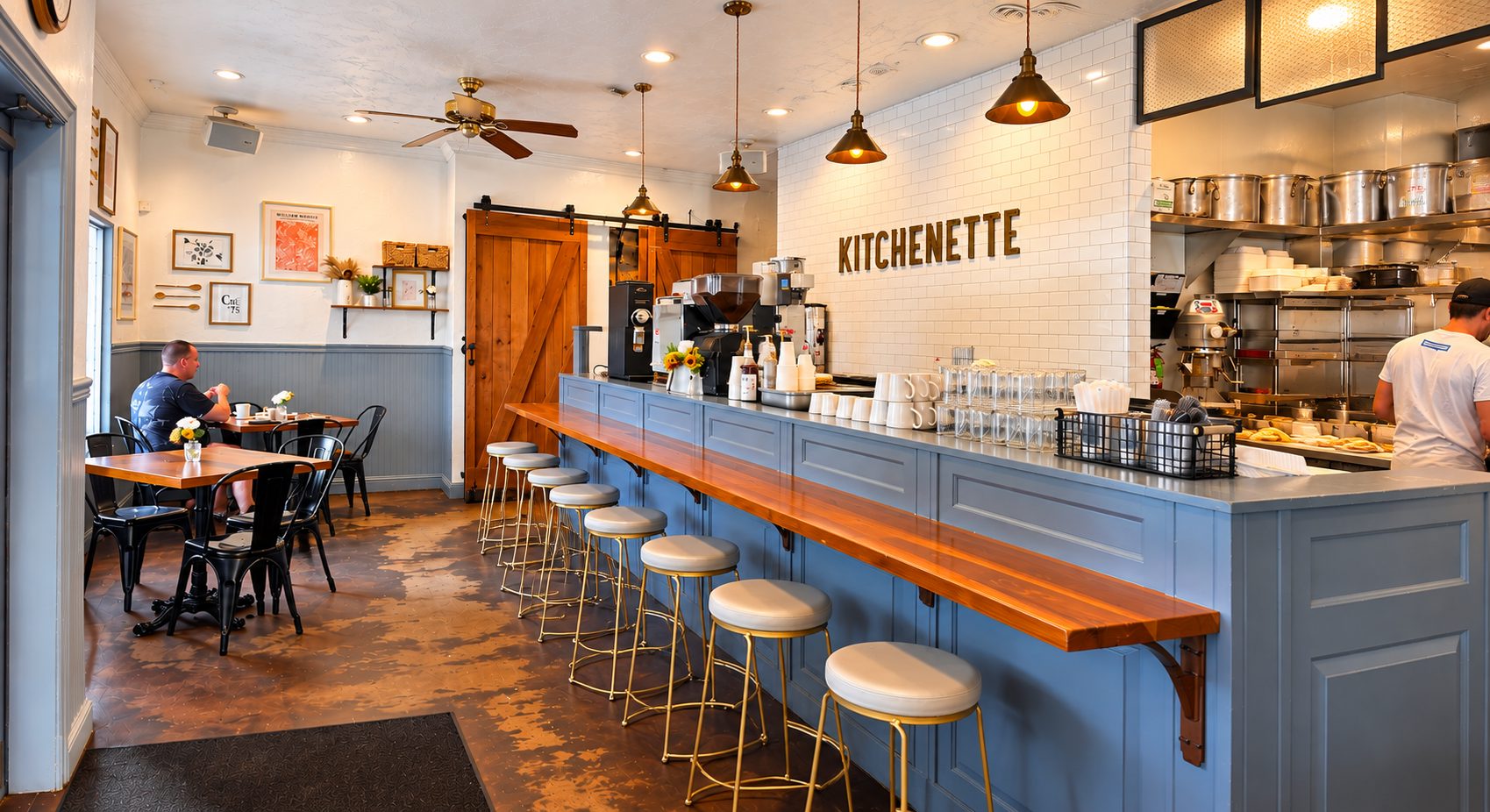 The coffee counter and bar seating inside Kitchenette in Templeton