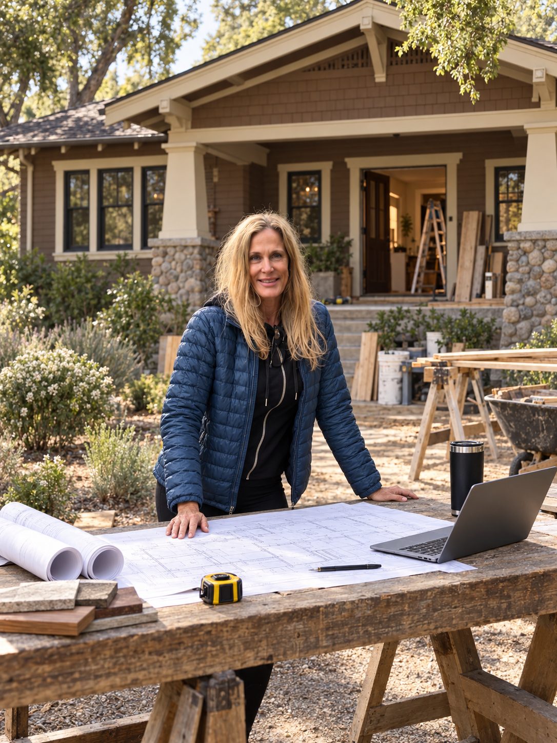 Leila with blueprints at an investment property