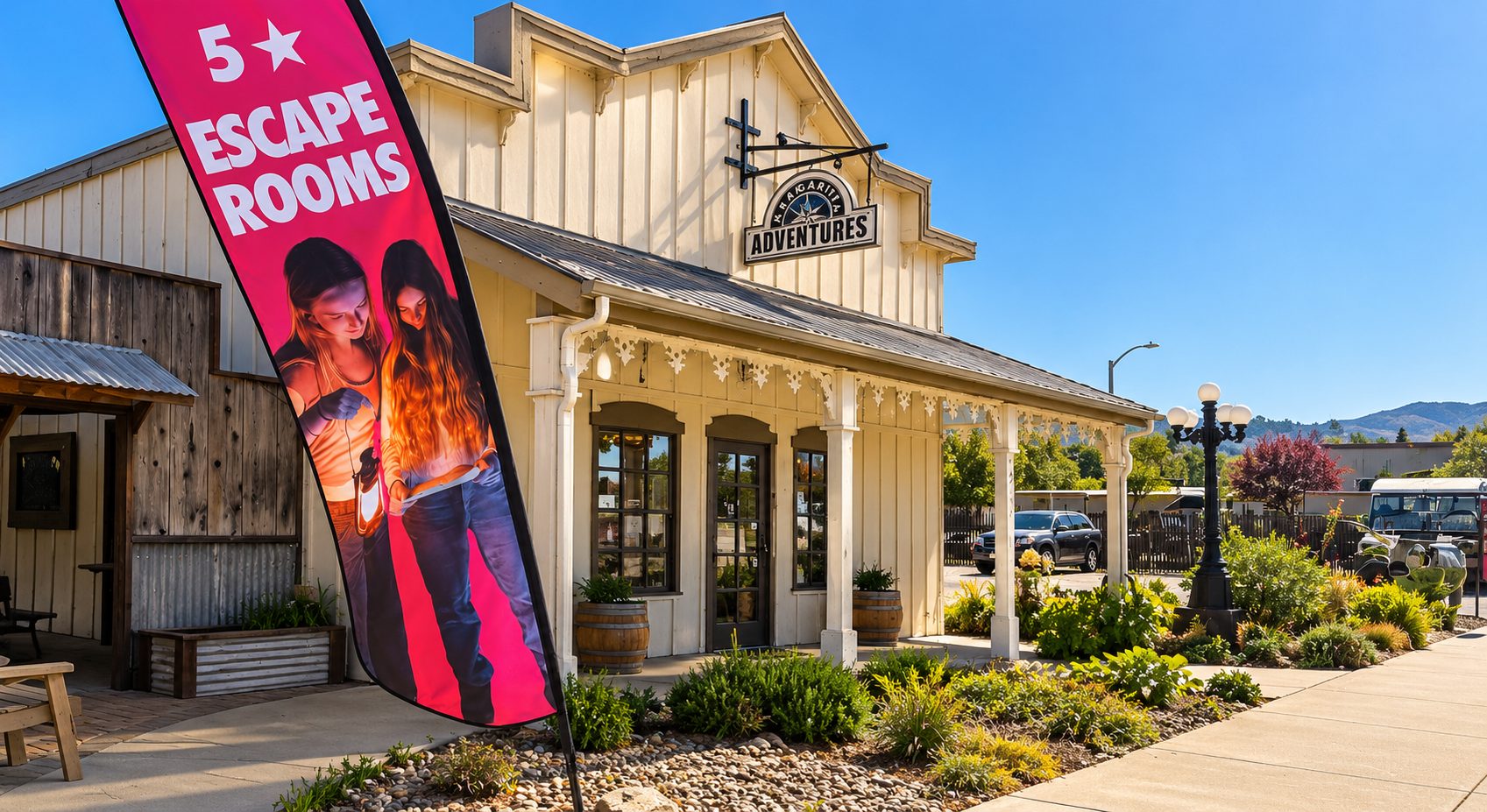 The Margarita Adventures building in Santa Margarita, with a banner advertising escape rooms