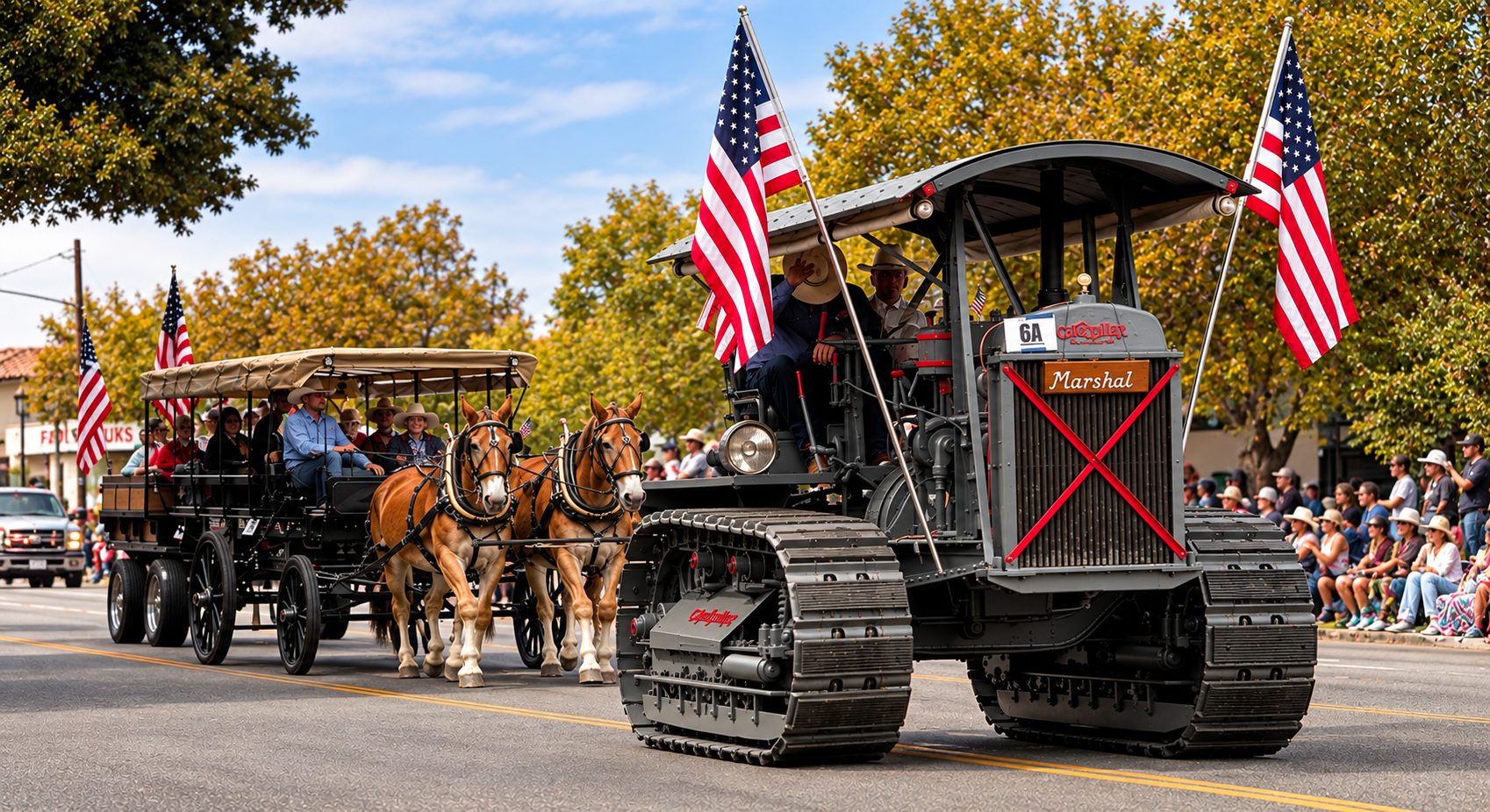 A vintage tractor flying American flags and a horse-drawn wagon in the Pioneer Day parade, Paso Robles