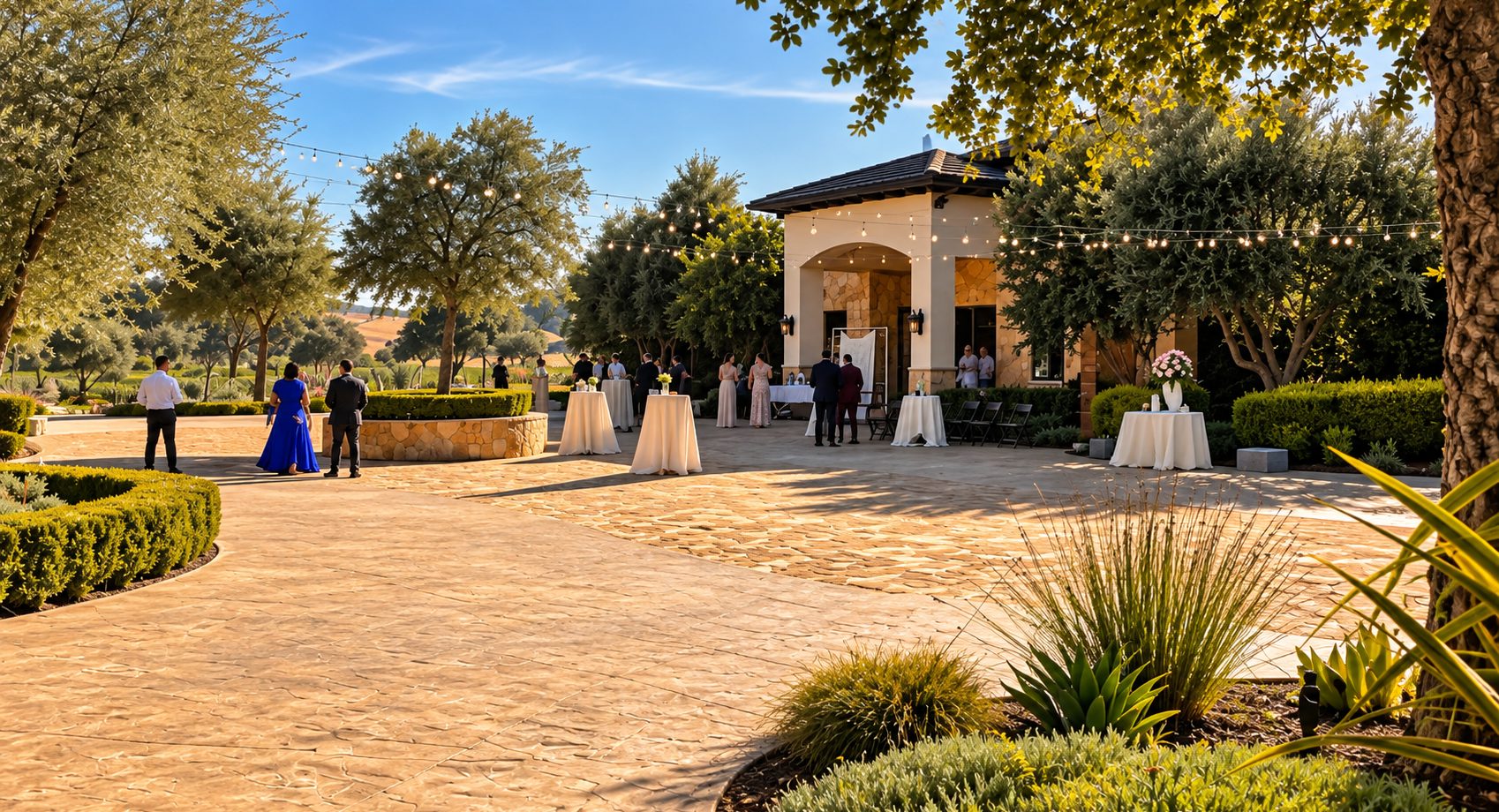 An evening event under string lights at Rava Wines