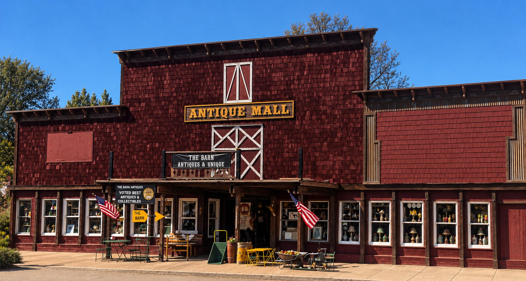 A red barn-style antique mall storefront in Santa Margarita