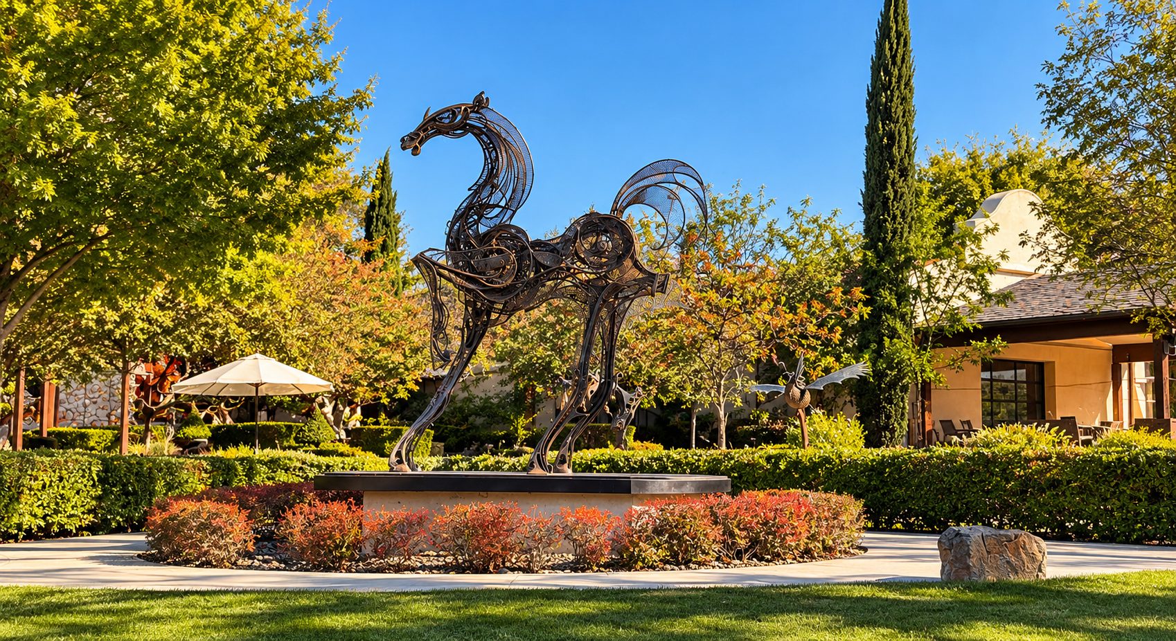 A large metal horse sculpture in the gardens at Sculpterra Winery, Paso Robles