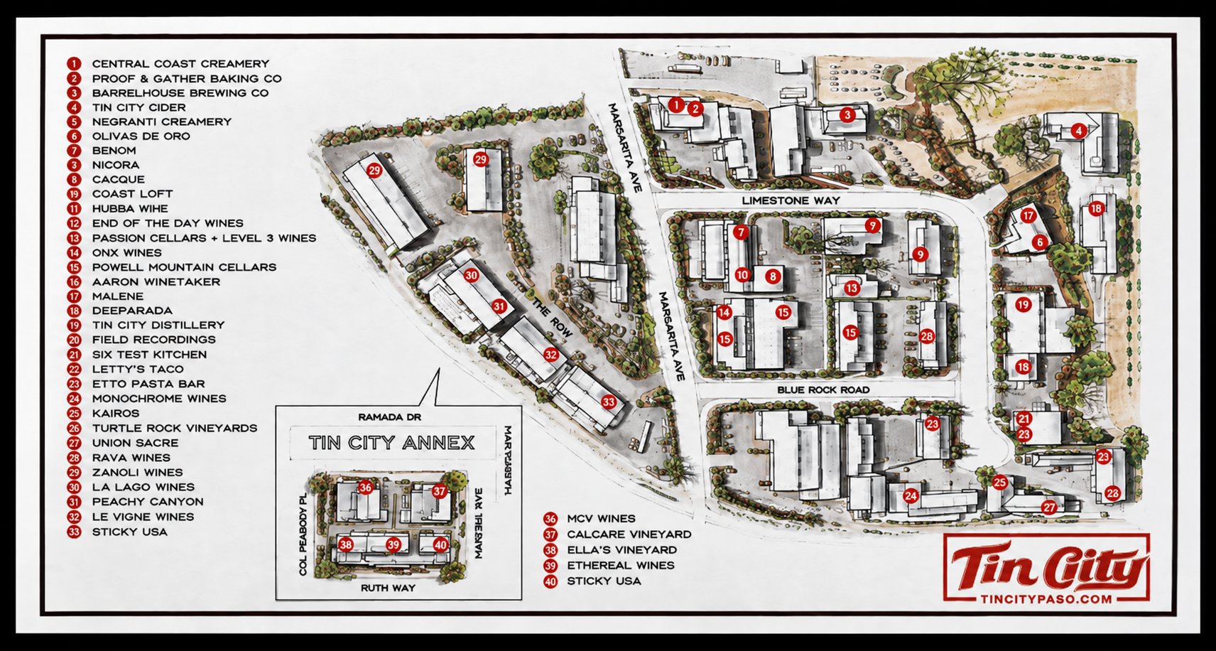 Illustrated map of Tin City's wineries, breweries, and shops in Paso Robles