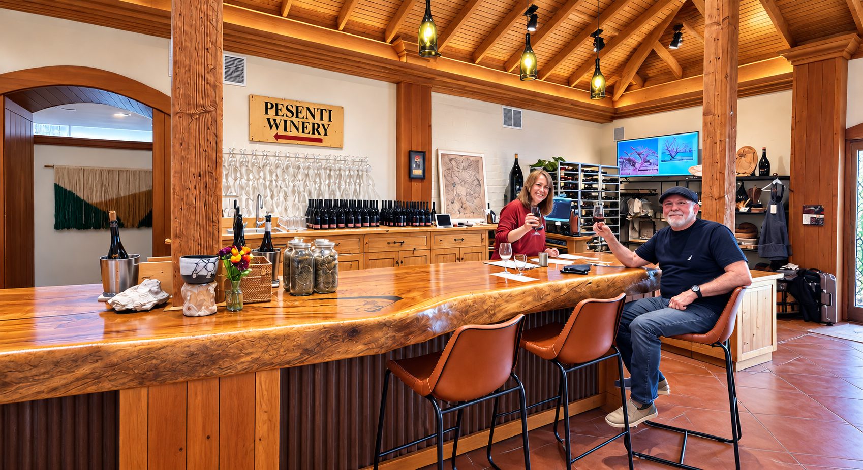 Guests raising glasses at the live-edge wood tasting bar at Turley Wine Cellars